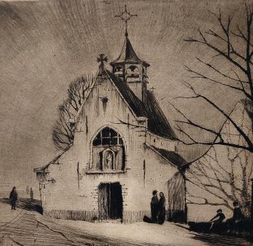 Kunstwerk van H. Quittelier kopen, ets van een zicht op een kapel te Ukkel