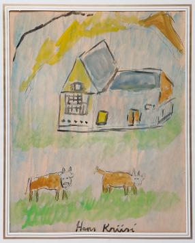 Zwitserse kunstenaar Hans Krüsi met een waterverfschilderij