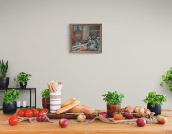 Stilleven met groenten en twee aarden potten op tafel