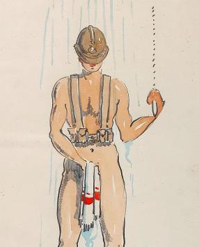 De Brusselse kunstenaar Roger Hebbelinck met een ingekaderde tekening