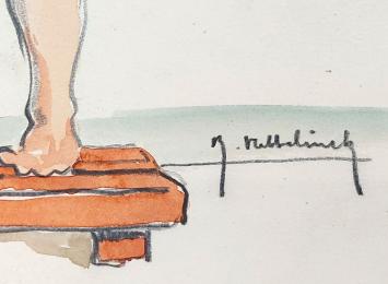 Tekening, de soldaat onder de douche