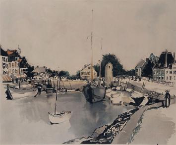 De Brusselse kunstenaar Roger Hebbelinck met een grote ets