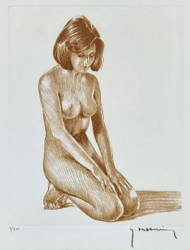 Litho van R. Hebbelinck, naakte vrouw die neerzit