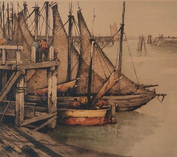 De Brusselse kunstenaar Roger Hebbelinck met een ets van Zeebrugge