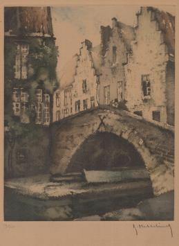 Kleine litho van Brugge van de Belgische kunstenaar Roger Hebbelinck