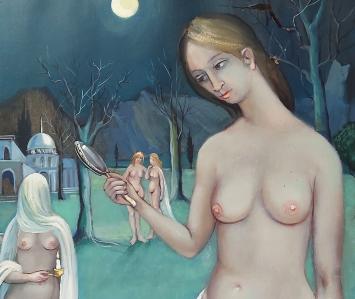 Kunstschilder Luc Heirbaut met een schilderij op papier geschilderd