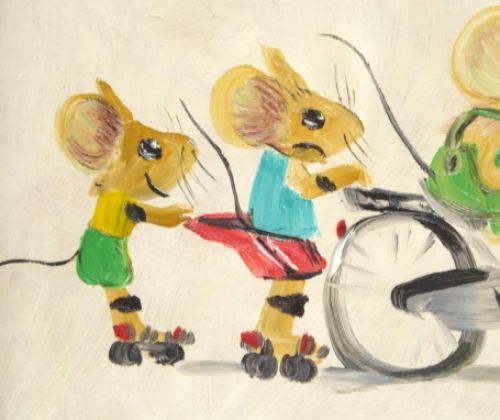 Fietsende muisjes met rolschaatsende muisjes