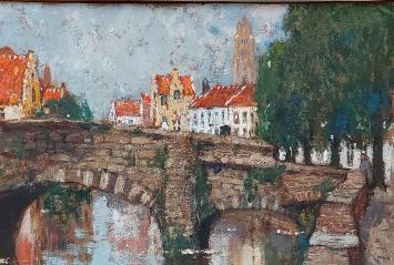 Henri Cassiers met een klein schilderij van Brugge