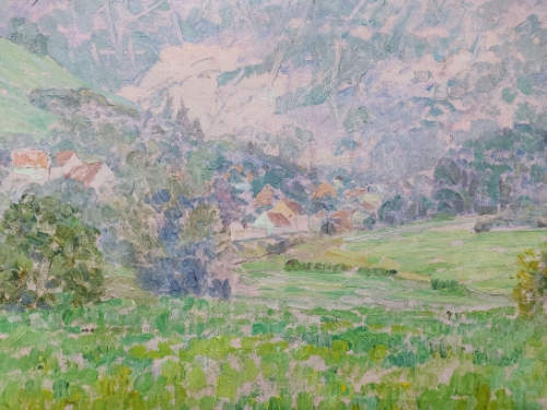 Henri Deglume met een impressionistisch landschap