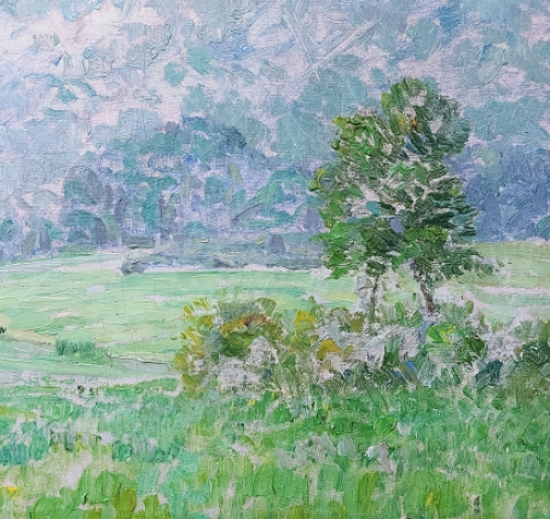 Henri Deglume met een pointillistisch schilderij
