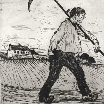 De man met de zeis op stap