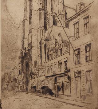 Kunstenaar Henri Geertsen met een ets, St Jacobstoren