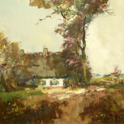 Olieverfschilderij van H J Pauwels van een boerderij langs een veldweg