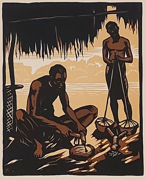 Belgische kunstenaar Henri Kerels met een  Gekleurde houtgravure