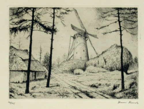Belgische kunstenaar Henri Kerels ets van de kempen uit 1944