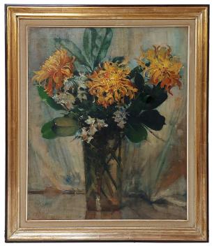 Henri Moreau met een schilderij op canvas