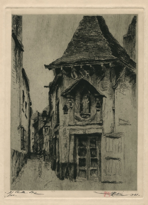 Belgische etser Henri Mortiaux met een grafisch kunstwerk