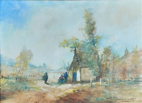 Olieverfschilderij van H J Pauwels van een Impressionistisch zicht op een landschap