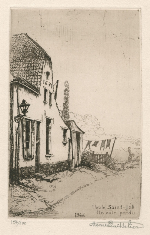 De Belgische kunstenaar Henri Quittelier met een ets