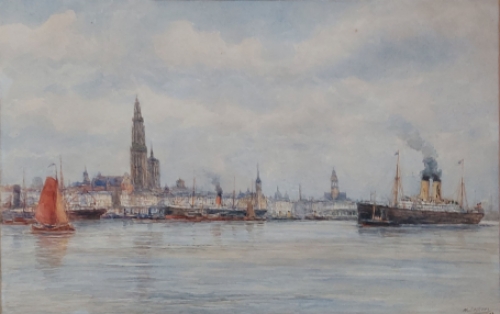 Stoomboot met zicht op Antwerpen van Henri Seghels Jr.