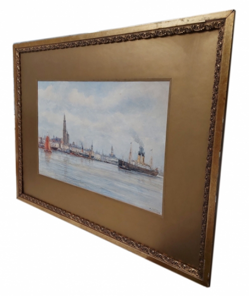 Schilderij met de Schelde en zicht op Antwerpen