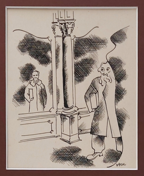 De Belgische kunstenaar Henry Van Straten met een pentekening