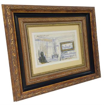 Tekening, vrouw in de living bij groot schilderij