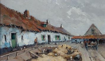 Joseph Lemaire met een schilderij van een binnenkoer