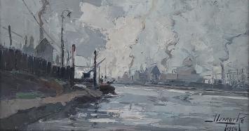 Joseph Lemaire met een schilderij, Industrie te Charleroi