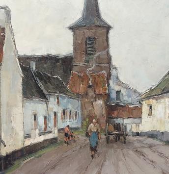 Joseph Lemaire met een schilderij van een dorpsstraat