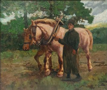 Henri Houben met een kunstwerkje op paneel