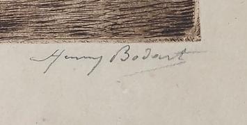 Henry Bodart met een ets, huis aan het water