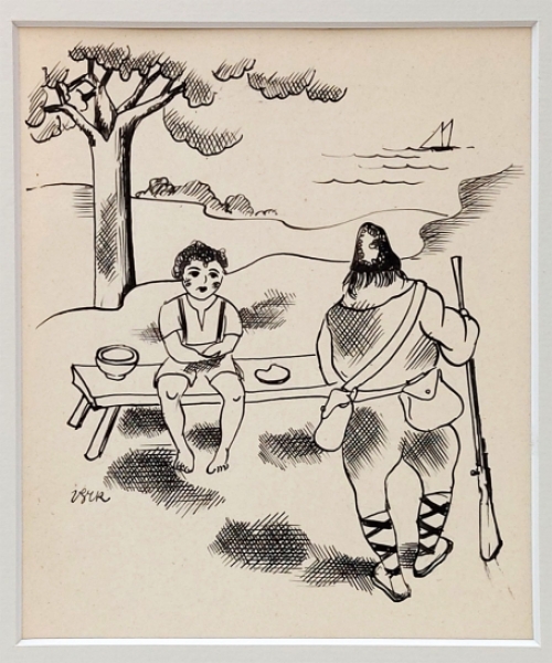 De Belgische kunstenaar Henry Van Straten met een pentekening