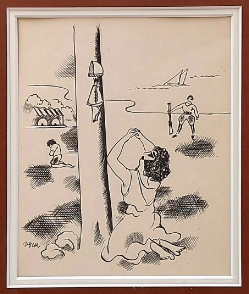 De Belgische kunstenaar Henry Van Straten met een pentekening