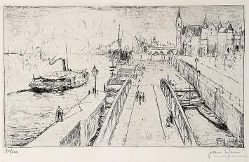 Frans Hens met een ets van Antwerpen