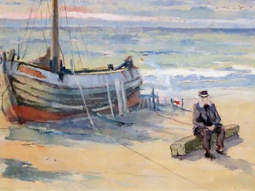 De Belgische kunstschilder Bogaerd Herman met een schilderijtje