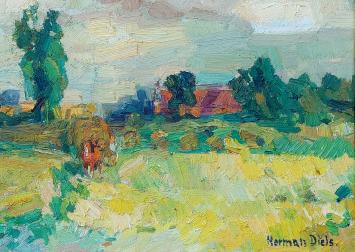 Landschapsaanzicht met boer, en hooiwagen