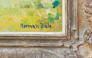 Landschapsaanzicht met boer, en hooiwagen