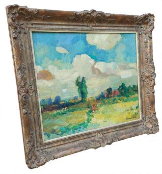 Landschapsaanzicht met boer, en hooiwagen