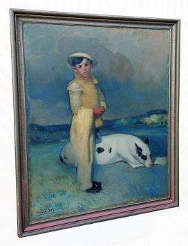 Jongentje met grote witte hond