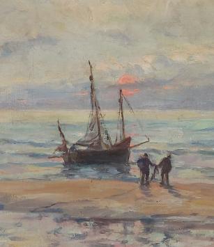 Boot met zeilen op het strand van H. Van den Berghe