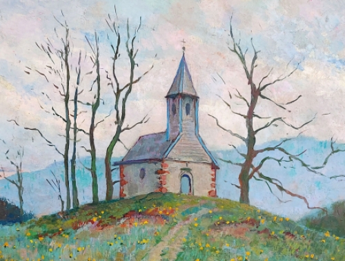 Kunstenaar Herman Verbaere met een waterverfschilderij