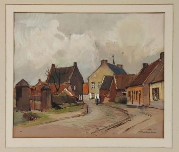 De Belgische kunstschilder Herman Verbaere met een schilderij