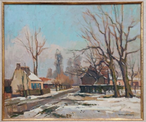 De Belgische kunstenaar Herman Verbaere met een schilderij