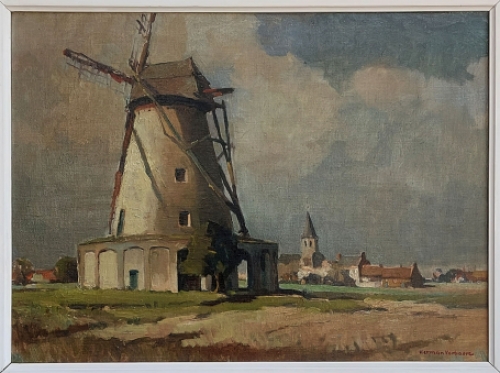 De Belgische kunstenaar Herman Verbaere met een olieverfschilderij