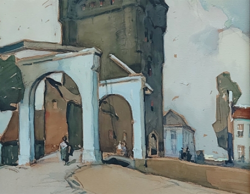 Kunstenaar Herman Verbaere met een waterverfschilderij