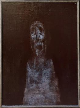Hugo Heyens met een groot schilderij