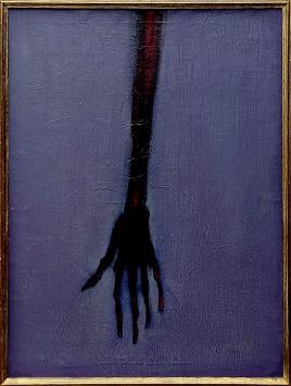 Hugo Heyens met een schilderij uit 1980