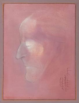Hugo Heyens met een schilderij op paneel