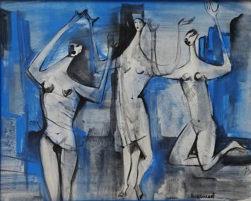 De Belgische schilder Bert Hildebrandt met een kunstwerkje